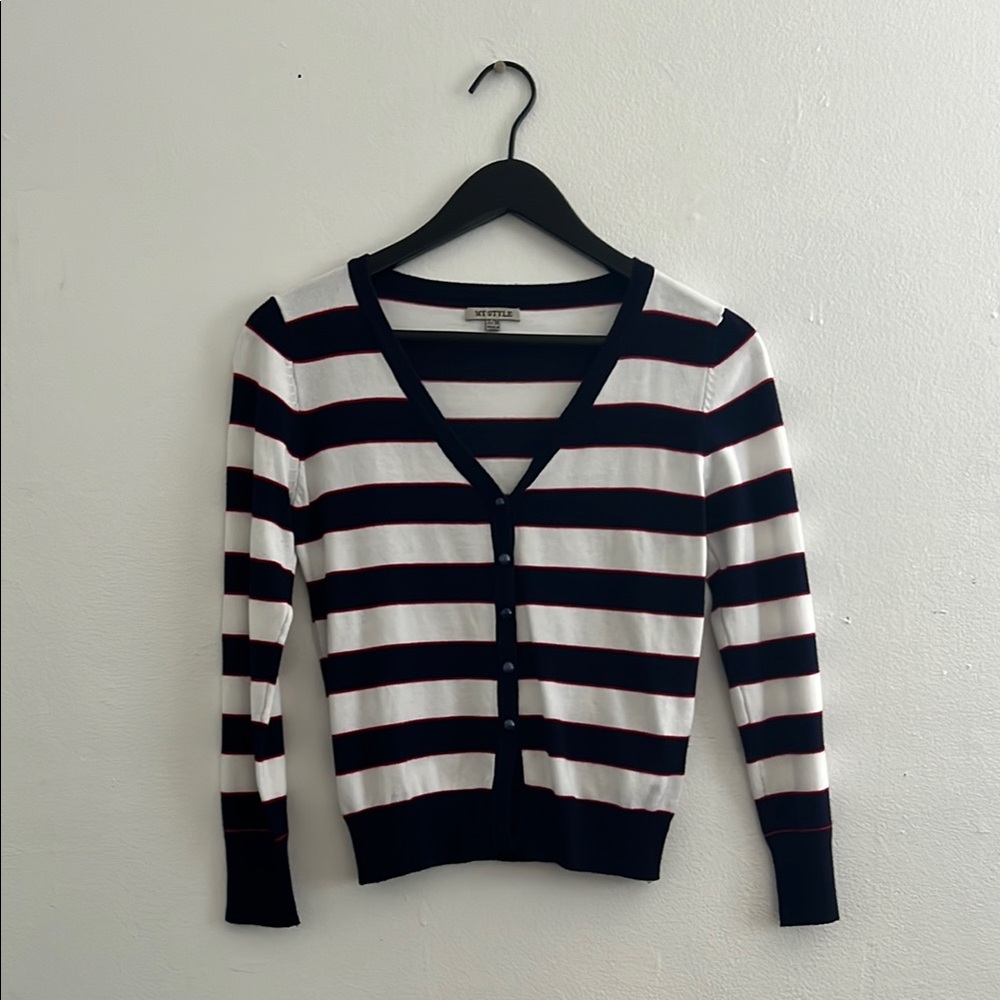 Navy Blue and White Striped Cardigan Sweater